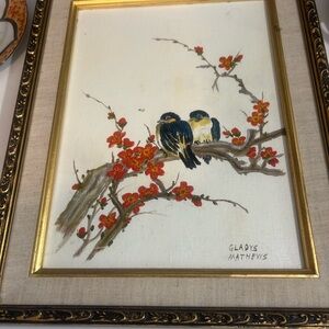 Gladys Matthews Framed Bird Painting with Red Blossoms